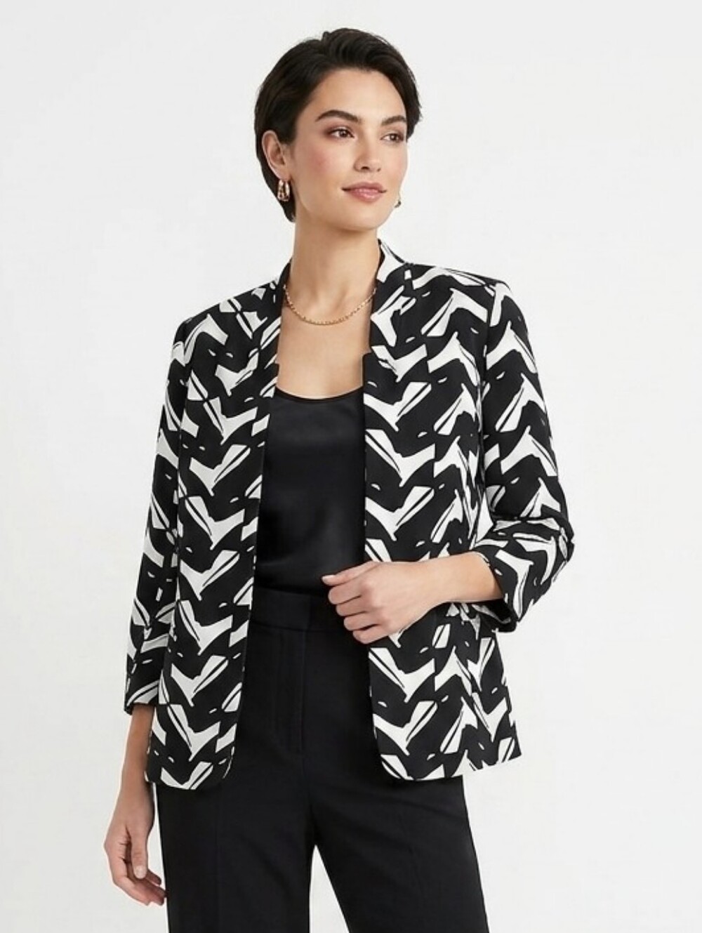 Premise Black and White Patterned Open Front Jacket 12
